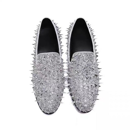 Fashion Blue Bling Spikes Loafers Shoes For Men Luxury Handmade Slip On Mens Dress Shoes Wedding Shoes