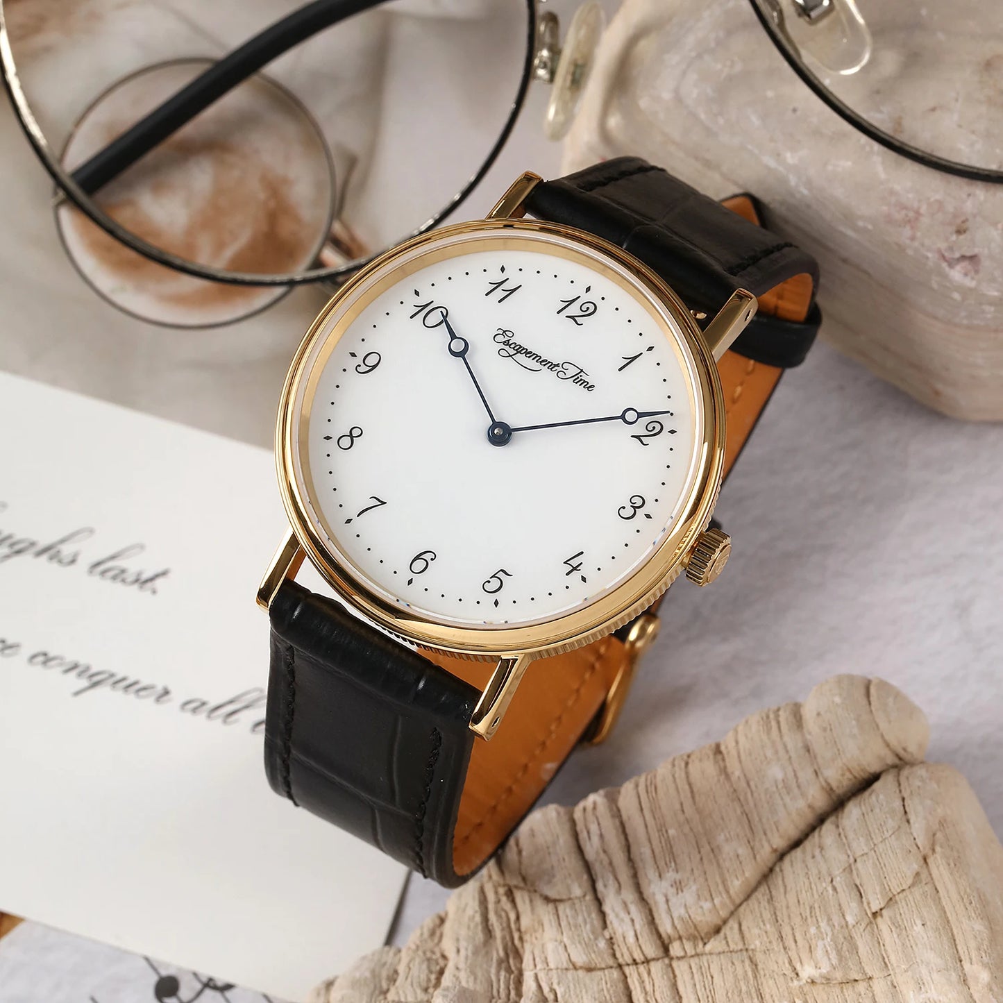 【Escapement Time】Quartz Movement Watch 38.5mm Case Enamel White Waterproof 50M Blue Heat Treatment Hand