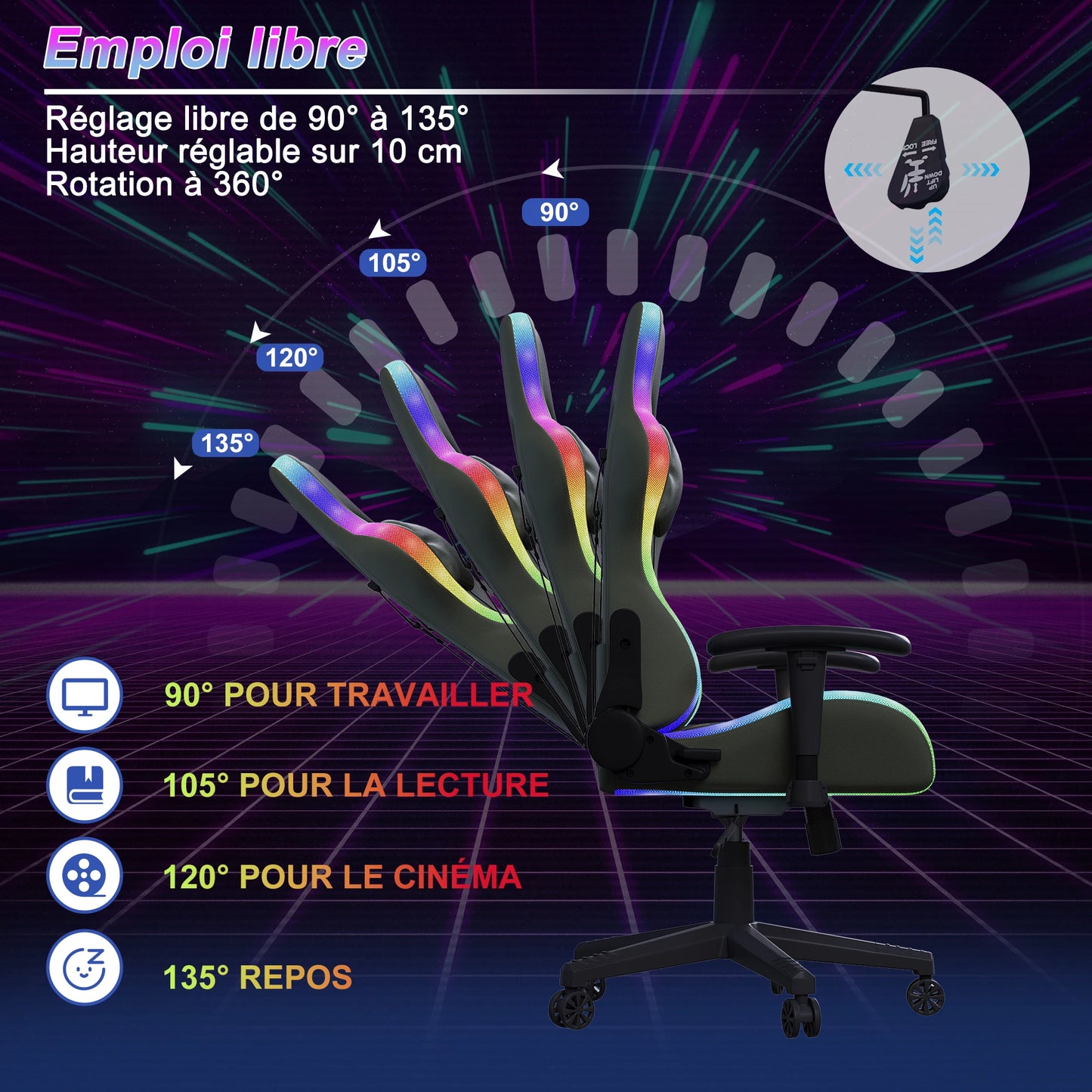 Gaming Chair with Massage Function, LED RGB Lights, Adjustable Reclining Gaming Chair with Lumbar Support, Headrest Pillow, Ergonomic Computer Chair 150KG Capacity