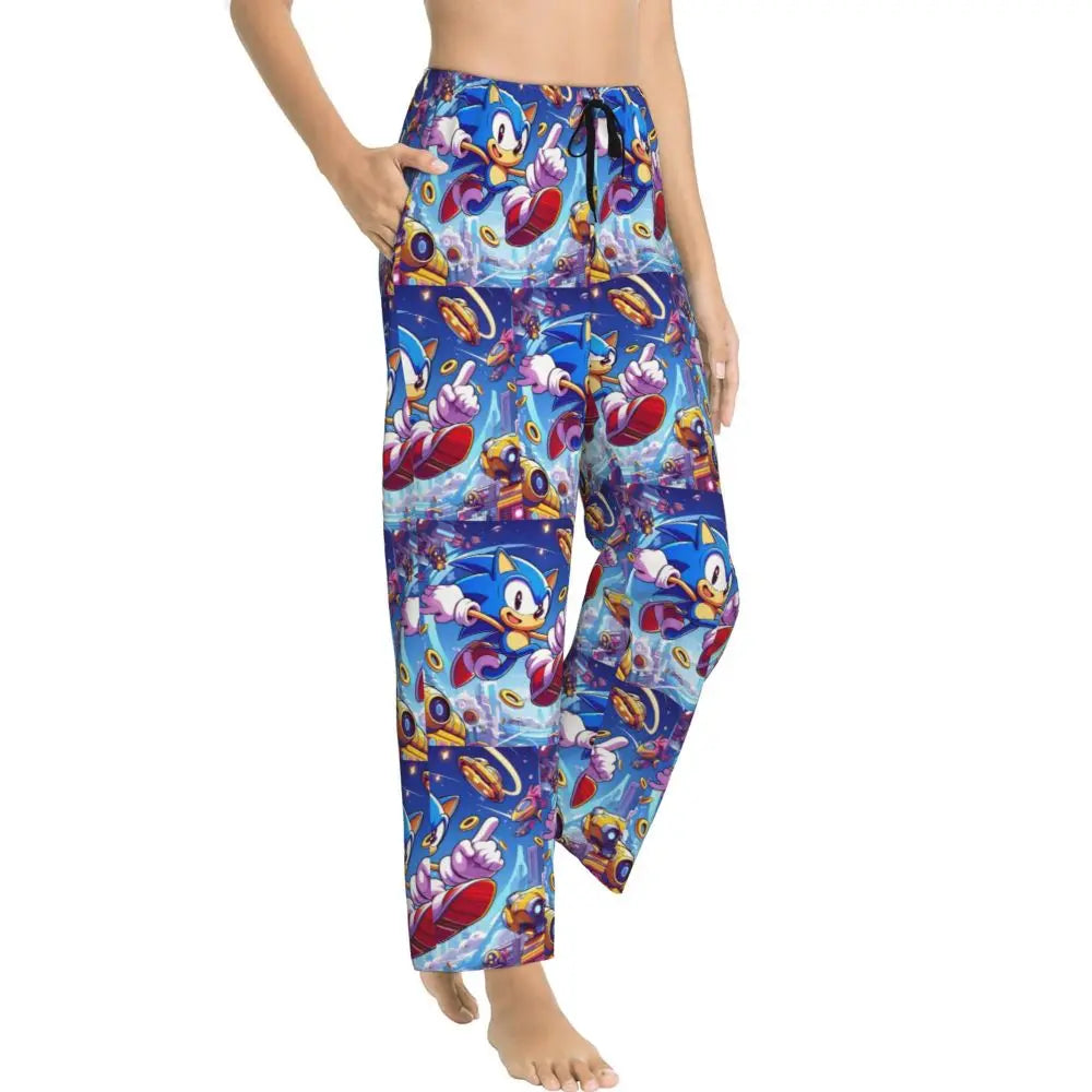 Custom Women Soniced Pajama Pants Printed Hedgehog Game Sleep Sleepwear Bottoms with Pockets