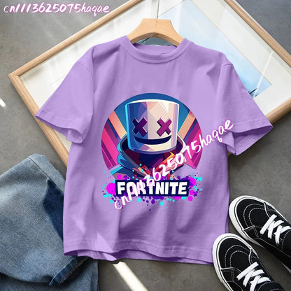 Fortnite Children’s T-Shirts Anime Printed Characters Tops Cartoon Fortress Night Summer Clothes Girls Short Sleeve Pullover Tees