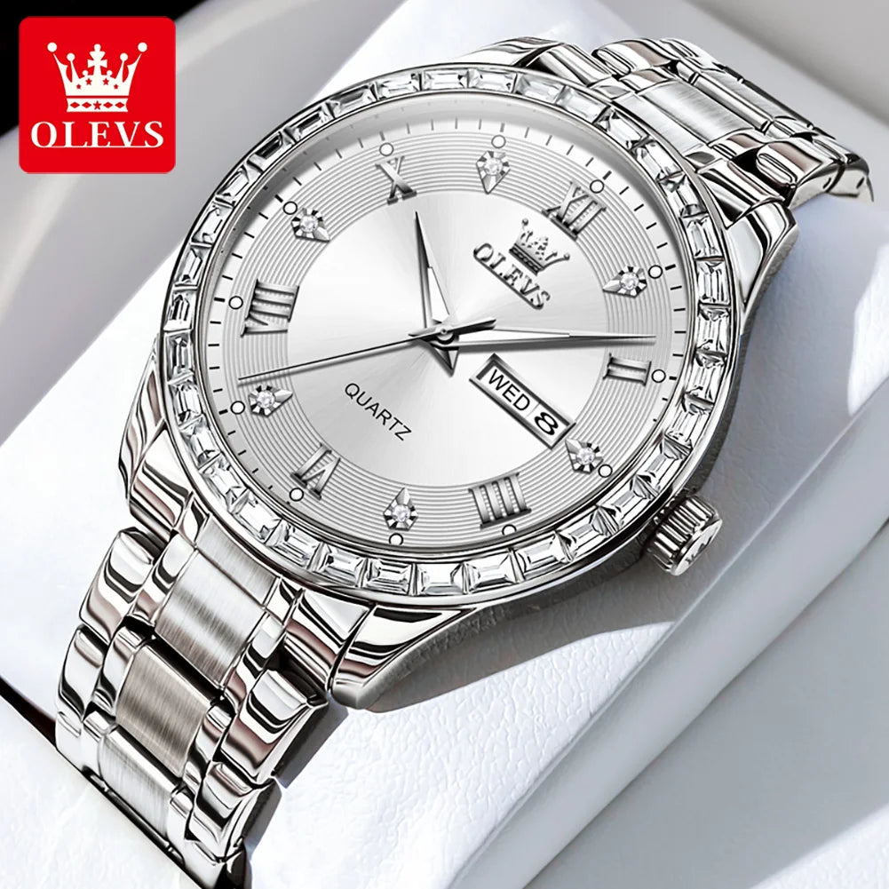OLEVS 9906 muški kvarcni sat, četvrtasti model ukrašen dijamantima, narukvica od nehrđajućeg čelika, vodootporan, s dvostrukim kalendarom; luksuzni, originalni ručni sat, idealan za radno mjesto.