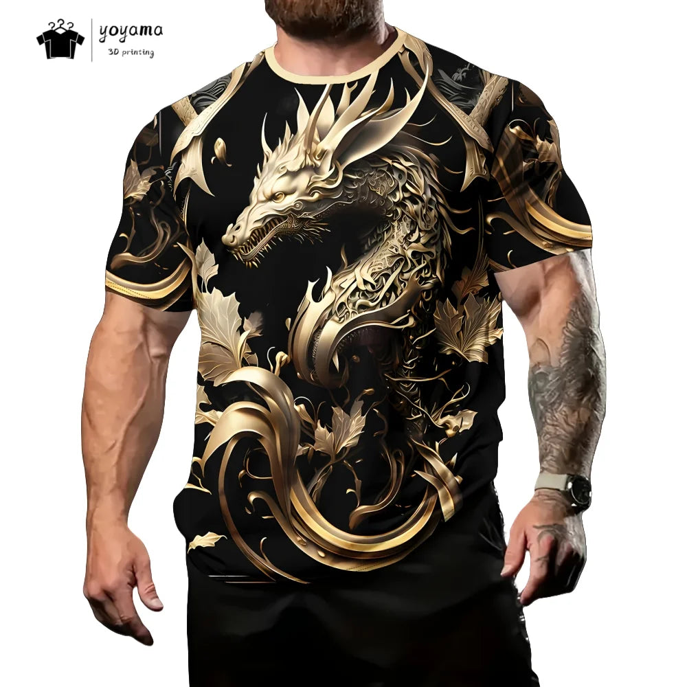 T-shirts de homem com padrão de dragão, manga curta, gola redonda, estilo streetwear, estampado animal 3D, corte largo e versátil, roupa de homem