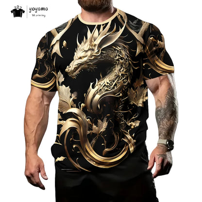 T-shirts de homem com padrão de dragão, manga curta, gola redonda, estilo streetwear, estampado animal 3D, corte largo e versátil, roupa de homem