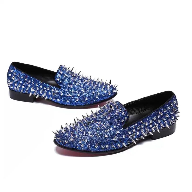 Fashion Blue Bling Spikes Loafers Shoes For Men Luxury Handmade Slip On Mens Dress Shoes Wedding Shoes