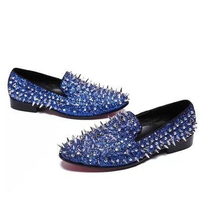 Fashion Blue Bling Spikes Loafers Shoes For Men Luxury Handmade Slip On Mens Dress Shoes Wedding Shoes