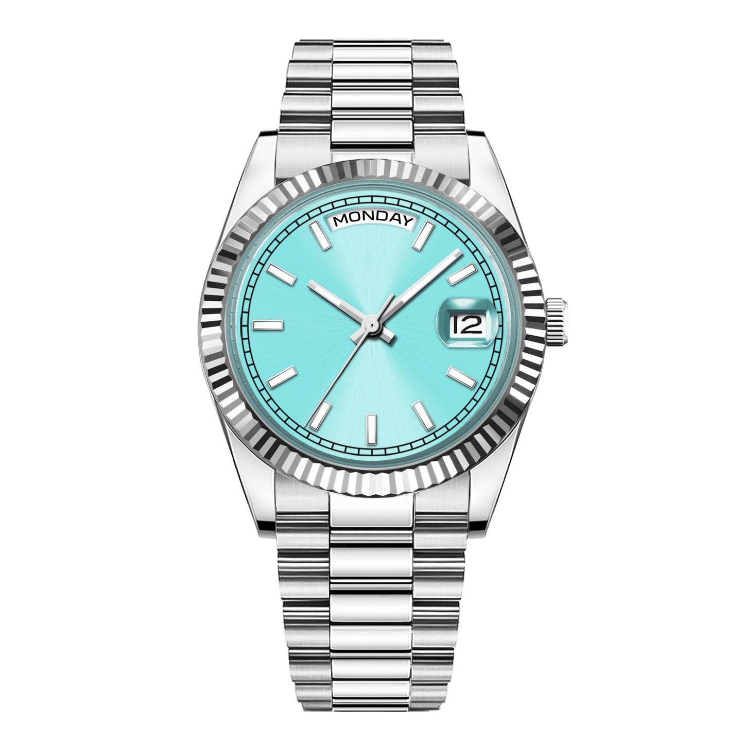 CORGEUT NH36 mechanische Herrenuhr mit Wochentags- und Datumsanzeige, President-Gliederarmband, Stahlgehäuse, geriffelter Arc-Lünette, wasserdicht