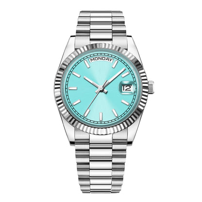 CORGEUT NH36 mechanische Herrenuhr mit Wochentags- und Datumsanzeige, President-Gliederarmband, Stahlgehäuse, geriffelter Arc-Lünette, wasserdicht