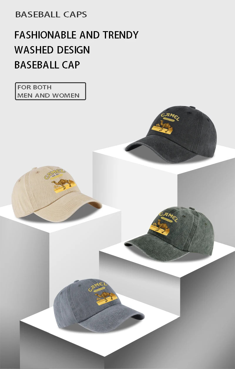 Vintage “Camel” Desert Scene Print Washed Baseball Cap - Adjustable Unisex Vintage Cap for Outdoor Hiking and Mountaineering