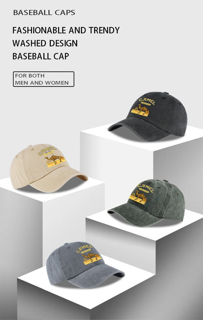 Vintage “Camel” Desert Scene Print Washed Baseball Cap - Adjustable Unisex Vintage Cap for Outdoor Hiking and Mountaineering