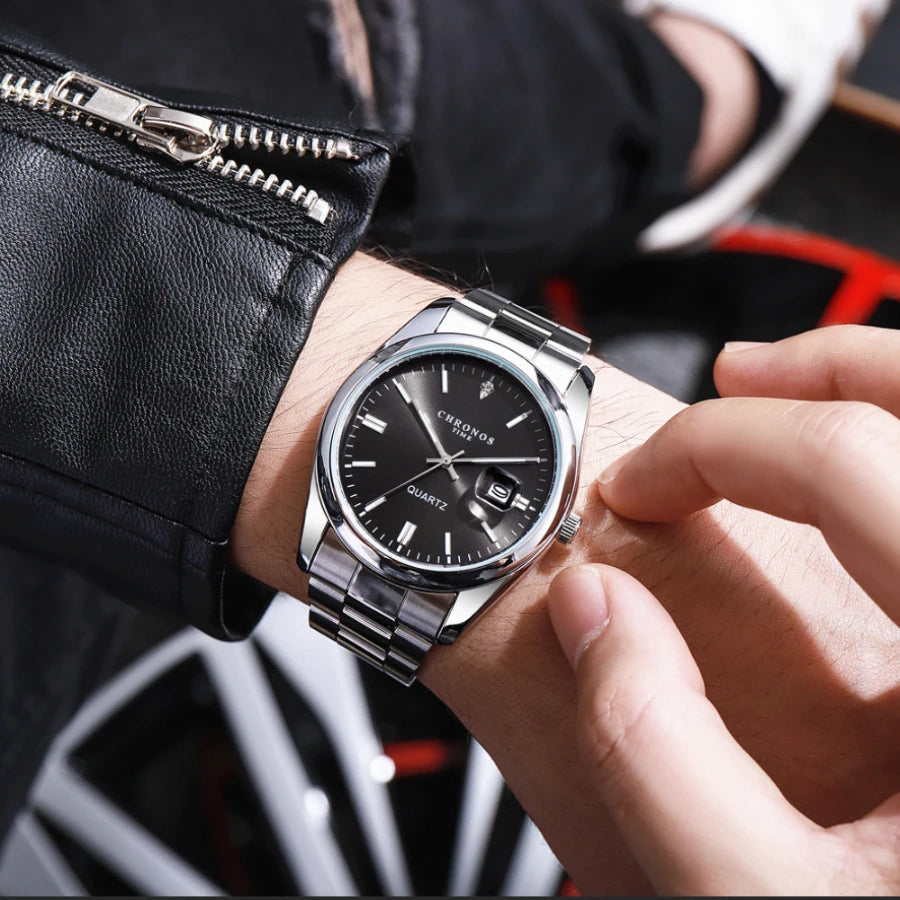 Reloj de pulsera para hombre CHRONOS: marca de lujo, resistente al agua, luminiscente, con indicador de fecha, de acero inoxidable y con mecanismo de cuarzo.