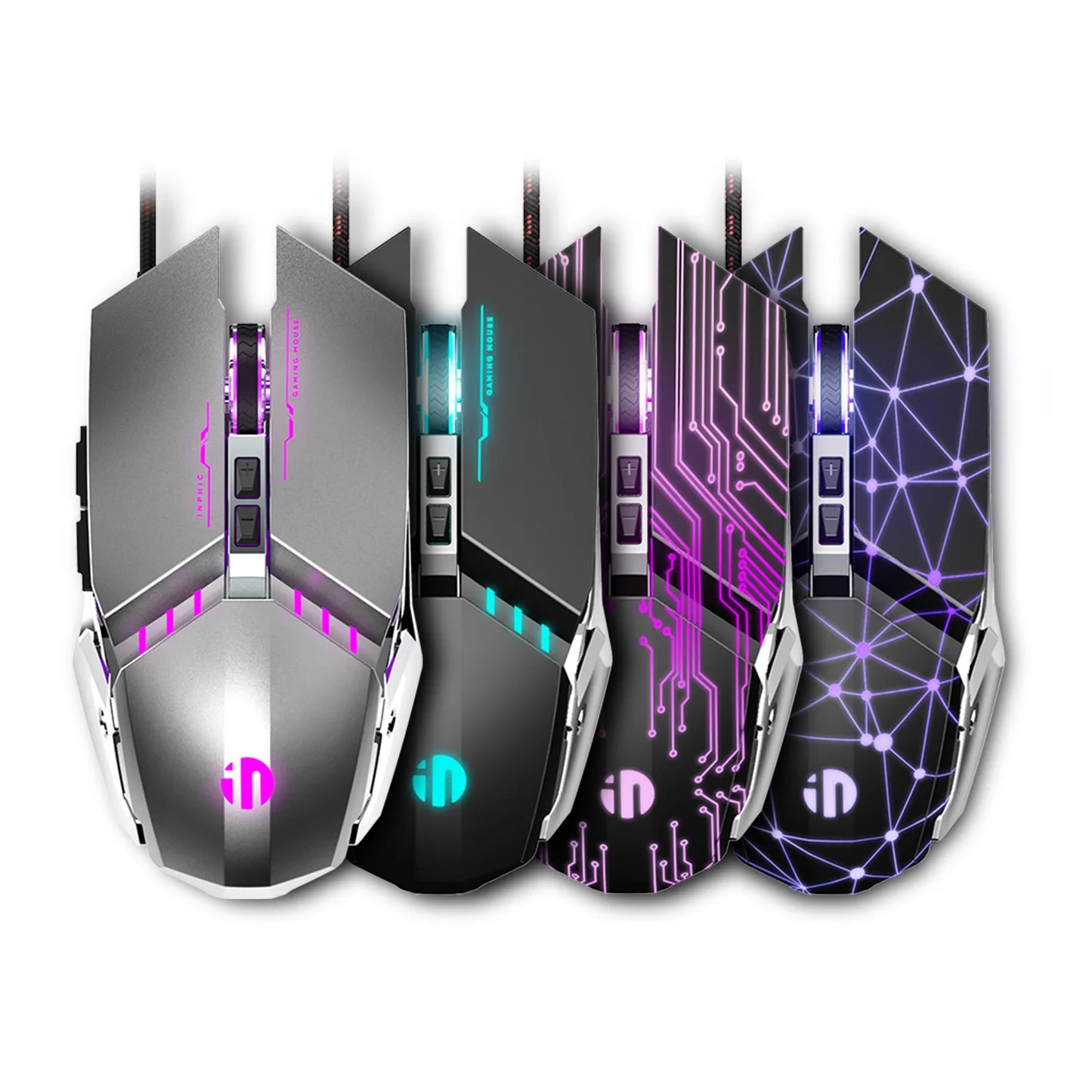INPHIC W2 Gaming Mouse Silent Click USB Optical Wired Mouse 4800DPI Ergonomic Mice 6 Programmable Buttons RGB Breathing LED PC