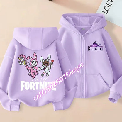Nieuw Fortnite-kinderhoodiejack met cartoon-gamepersonageprint en rits, herfst- en winterjas voor kinderen, jongenskleding