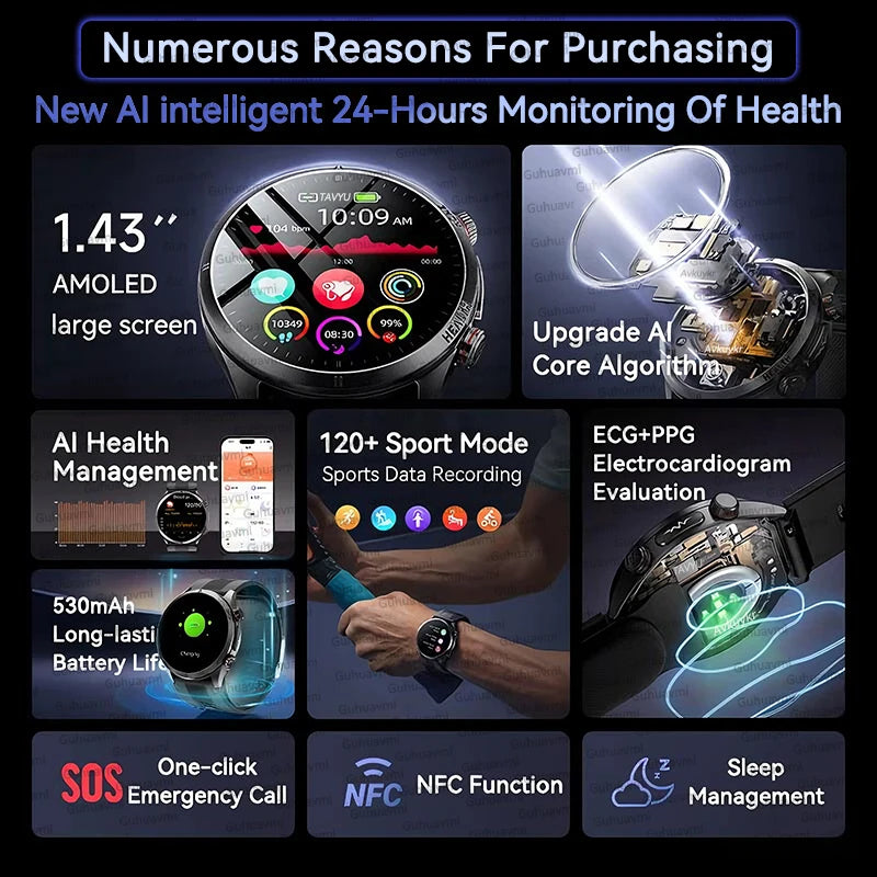 2026New Blood Pressure Air Pump Airbag Accurate Measure Smart Watch Men Micro Physical Examination Health ECG Smartwatch NFC BOX