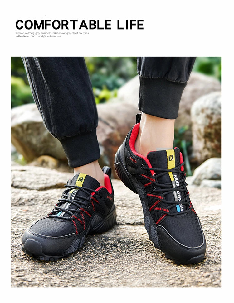 Męskie buty turystyczne – buty sportowe do terenów o zróżnicowanym ukształtowaniu terenu, z oddychającą siateczką, antypoślizgowe, odporne na zużycie – buty turystyczne i rowerowe