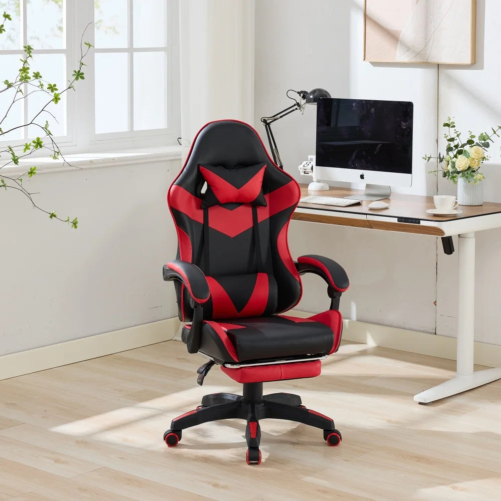 Ergonomic Racing Gaming Chair with Lumbar Support, Massage Function, Footrest, Reclining Leather Gaming Chair for Office & PC Gaming