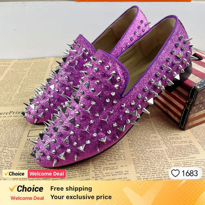 Fashion Blue Bling Spikes Loafers Shoes For Men Luxury Handmade Slip On Mens Dress Shoes Wedding Shoes