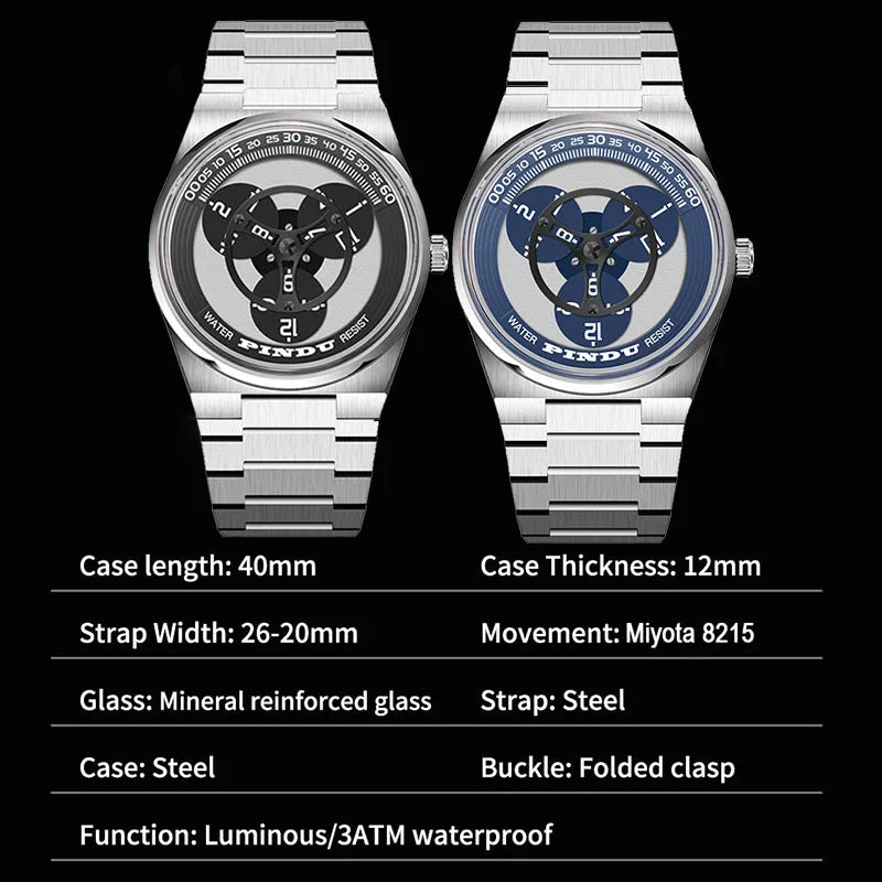 PINDU Turntable Creative Watch Miyota 8215 With Pointerless Design Trendy Steel Business Mechanical Watches Luminous Waterproof