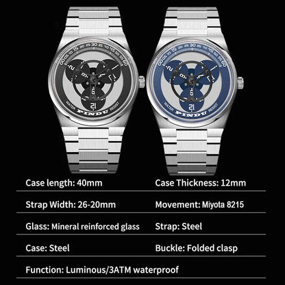 PINDU Turntable Creative Watch Miyota 8215 With Pointerless Design Trendy Steel Business Mechanical Watches Luminous Waterproof