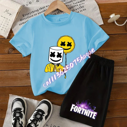 Summer Fortnite T-shirt Shorts for Boys and Girls Tee Pants Set 2pcs Children Clothing Tops T-shirts Fortress Night Print Tees Gift