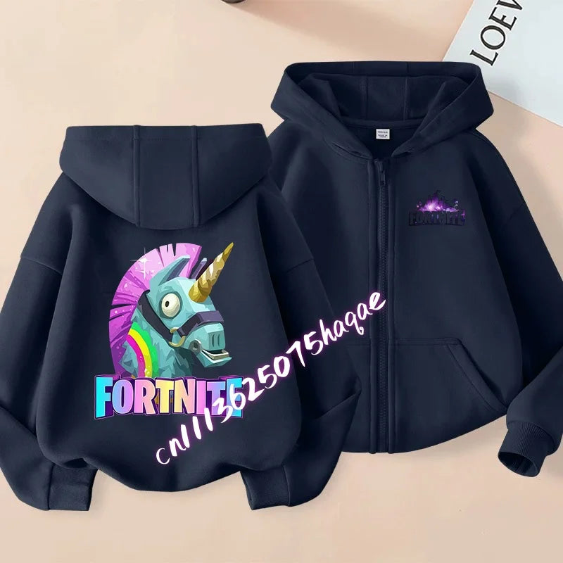 Nieuw Fortnite-kinderhoodiejack met cartoon-gamepersonageprint en rits, herfst- en winterjas voor kinderen, jongenskleding