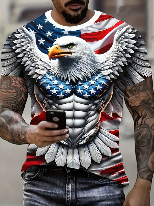 Men's Patriotic 3D Eagle Print T-Shirt Casual Crew Neck Short Sleeve Pullover for Summer Fashion Outdoor Activities Men's Clothing