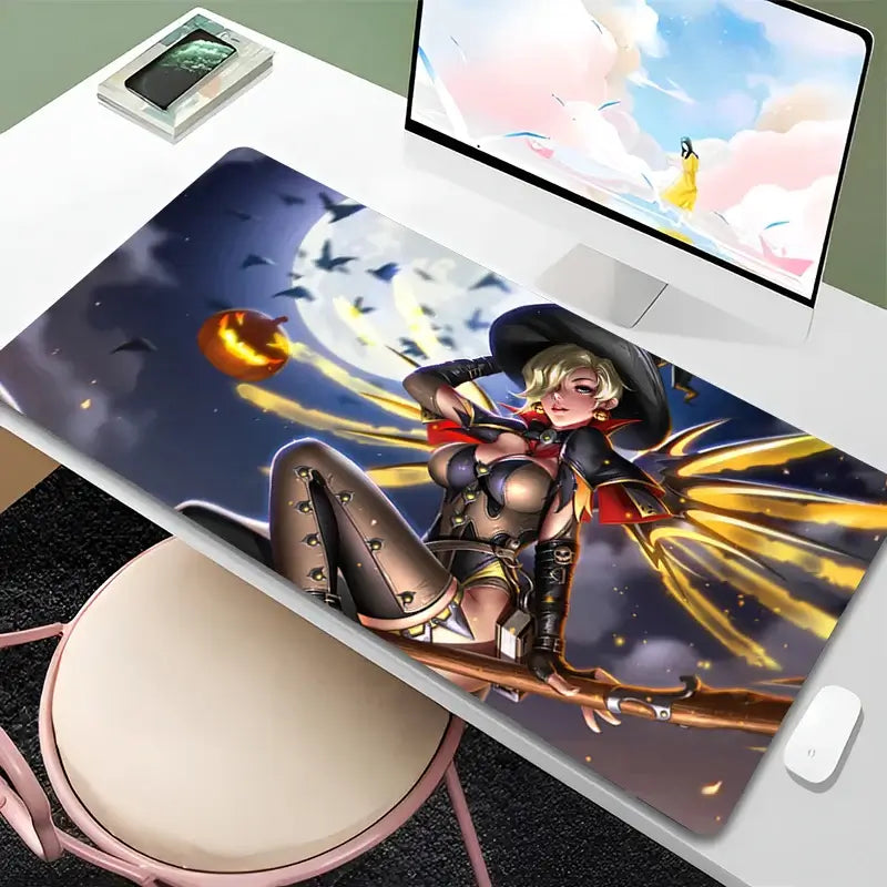 Tapete de rato Overwatch Mercy para PC Gamer, gabinete, kawaii, XXL, tapete de teclado com rapariga anime sensual, acessórios gaming para portátil e tapete de secretária