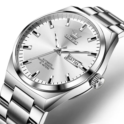 OLEVS Wristwatches Silver Gray Dial Automatic Mechanic Wrist Watch for Men Casual Sports Clock with Luminous relogios masculino
