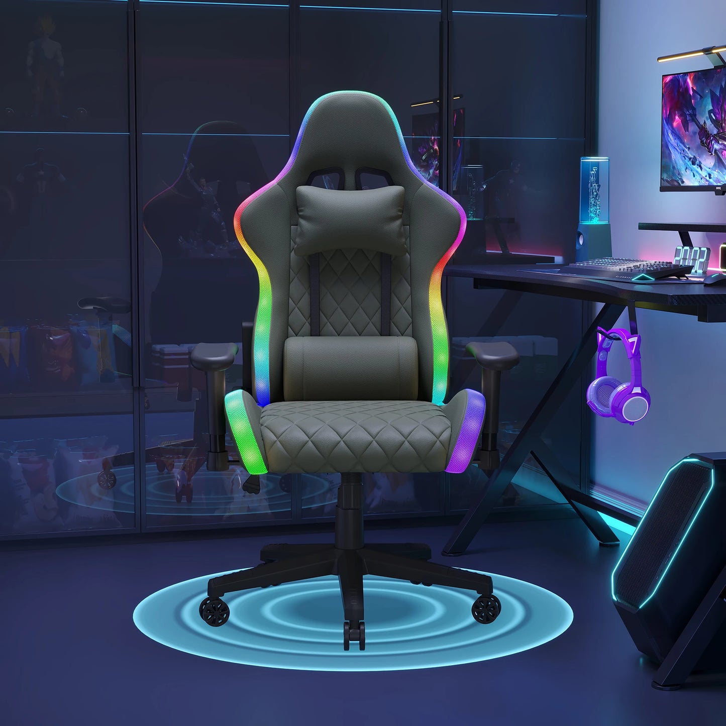 Ergonomic Gaming Chair with Massage Function, RGB LED Lights, Reclining Gaming Chair with Footrest, Adjustable Height PU Leather Office Gaming Chair