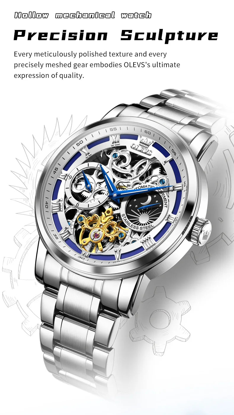 OLEVS 6670 Mens Watch Luxury Brand Skeleton Mechanical Watch Moon Phase Stainless Steel Watches For Man Gifts Box High Quality