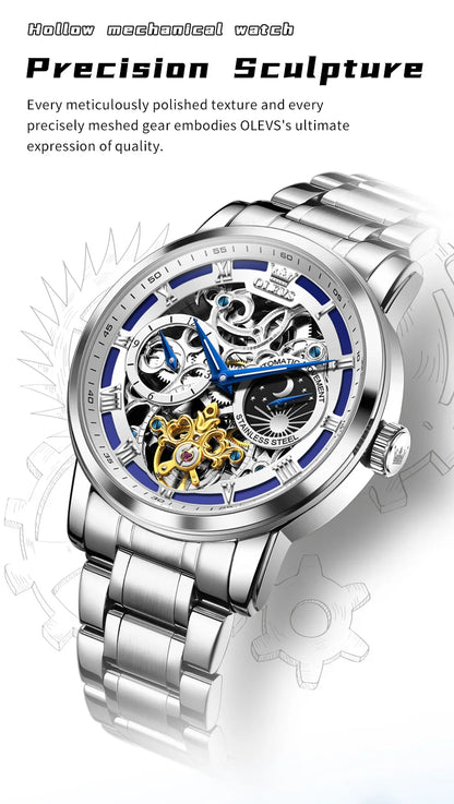 OLEVS 6670 Mens Watch Luxury Brand Skeleton Mechanical Watch Moon Phase Stainless Steel Watches For Man Gifts Box High Quality