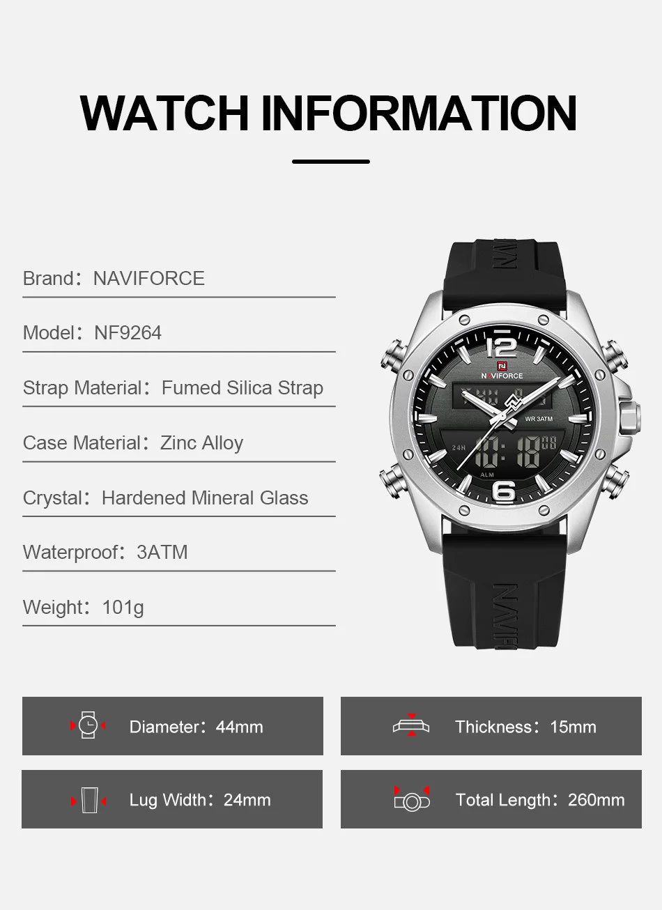 NAVIFORCE Men Quartz LCD Dual Display Watch With Silicone Strap 3ATM Waterproof Shockproof Night Light Round Case Sport Casual