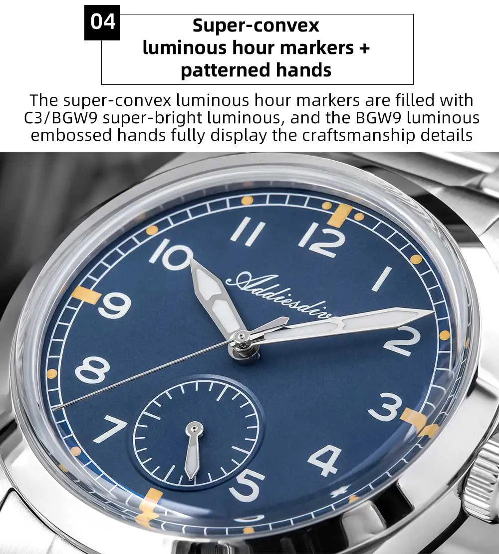 ADDIESDIVE 36mm Men's Quartz VH60 Watch BGW9 Luminous Bubble Mirror Pot Cover Glass 10Bar Waterproof Stainless Steel Watch