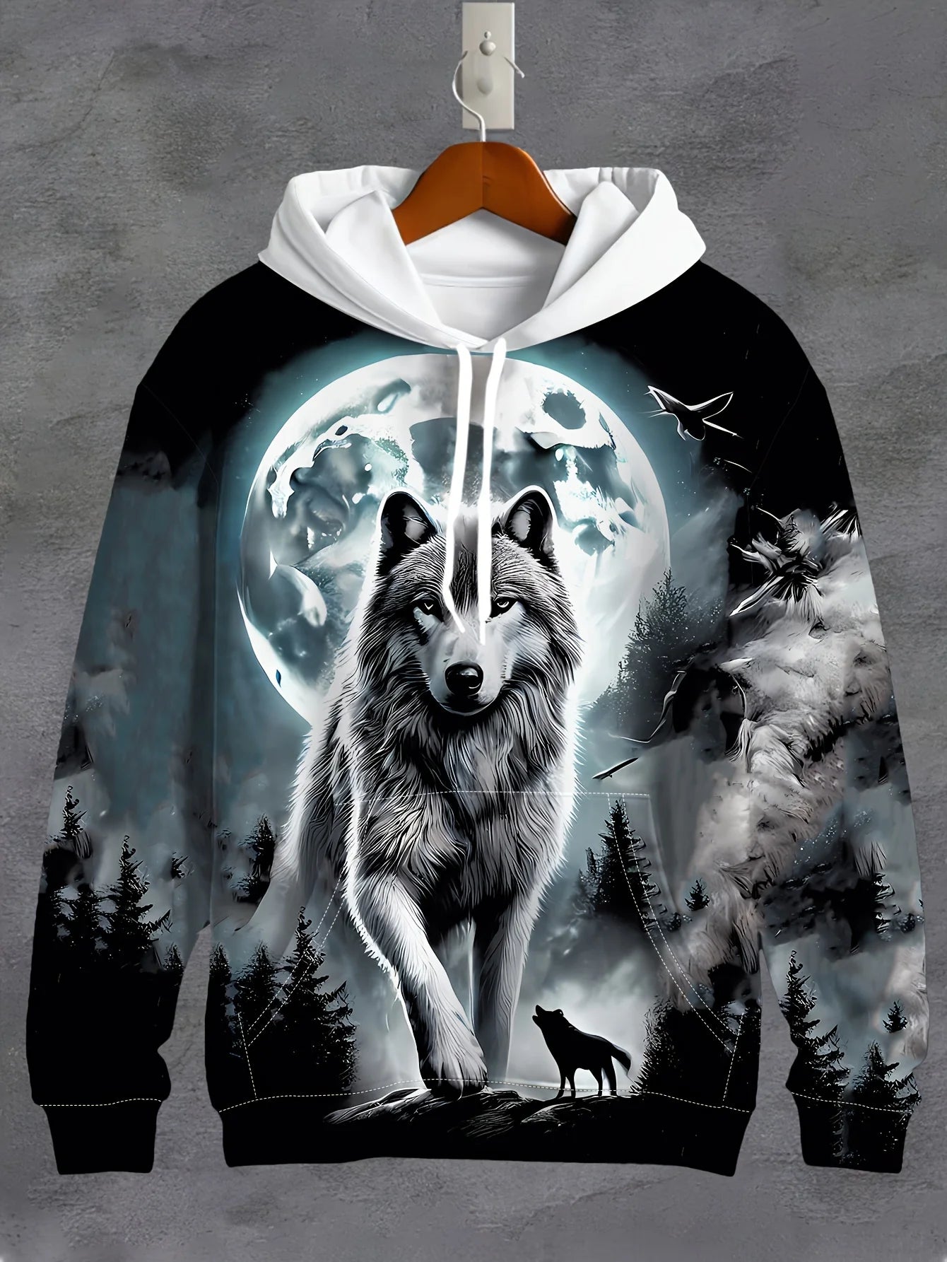 Men's 3D White Wolf Print Hoodie, Casual Long Sleeve Pullover with Drawstring Pocket, 100% Polyester Slight Stretch Men's Clothing