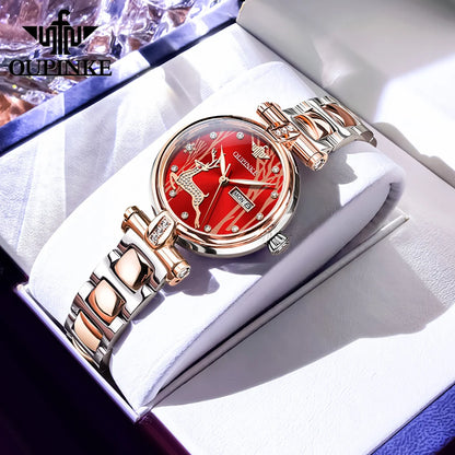 OUPINKE 3180 Watches For Woman Luxury Elegant Automatic Mechanical Watch Deer Dial Stainless Steel Week Date Watch Gift Box