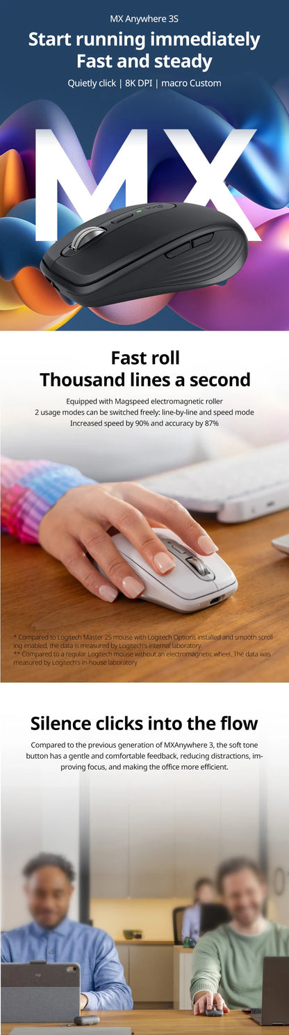 Logitech MX Anywhere 3S Mouse seamlessly switches across 3 devices! A portable office tool compatible with multiple systems