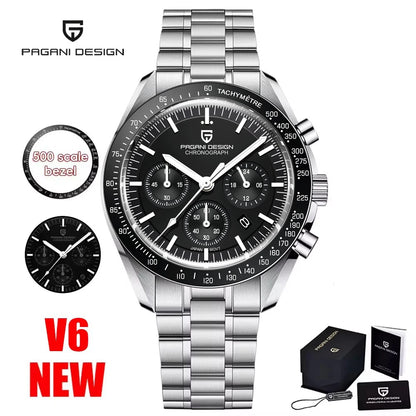 Reloj para hombre PAGANI DESIGN «New Moon» – Reloj de cuarzo de lujo, cronógrafo, cristal de zafiro con tratamiento antirreflectante, bisel de cerámica, agujas luminiscentes