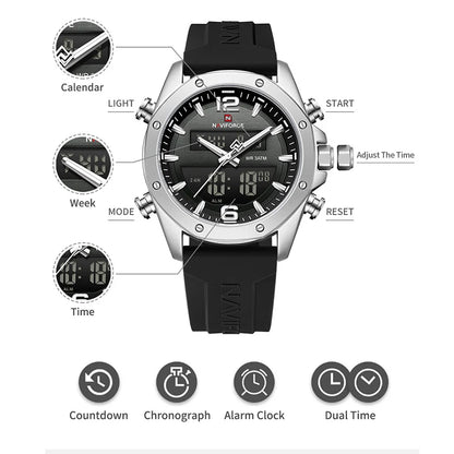 NAVIFORCE Men Quartz LCD Dual Display Watch With Silicone Strap 3ATM Waterproof Shockproof Night Light Round Case Sport Casual