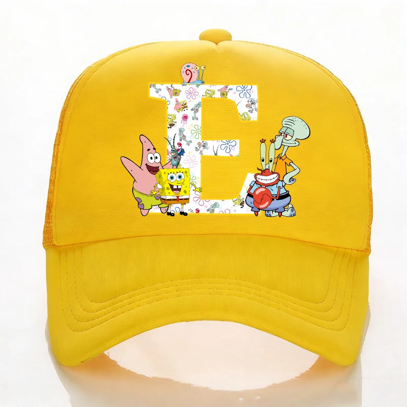 SpongeBobs Baseball Cap Kids Adult Summer Outdoor Sports Sun Hat Child Cute Letter A-Z Sunbonnet Breathable Mesh Headgear Gift