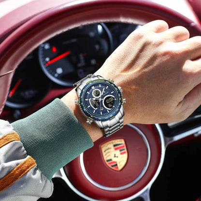 Montre pour homme POEDAGAR : montre à quartz tendance, étanche, avec affichage LED, double fuseau horaire et boîtier en acier inoxydable – une montre numérique de luxe pour homme.