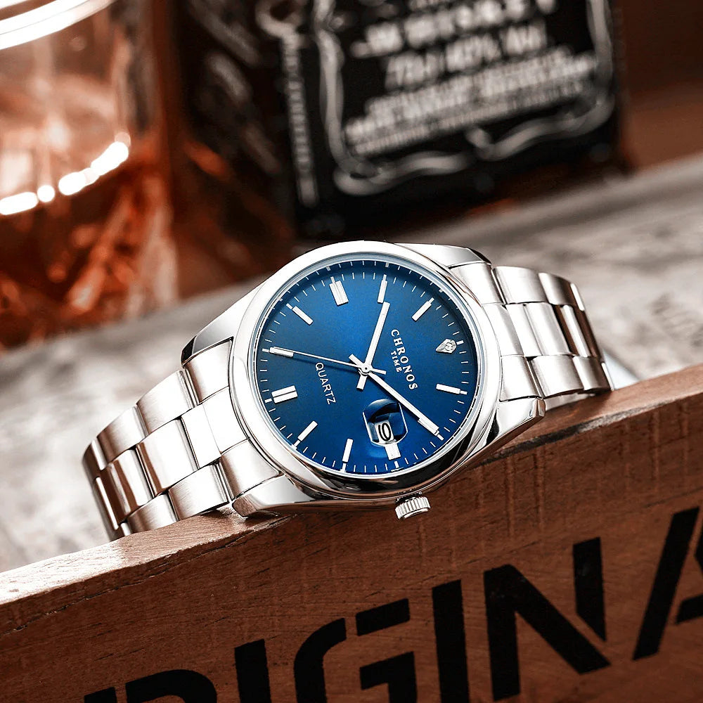 Reloj de pulsera para hombre CHRONOS: marca de lujo, resistente al agua, luminiscente, con indicador de fecha, de acero inoxidable y con mecanismo de cuarzo.