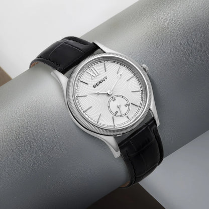 BERNY Watches for Men Luxury Slim Classic Stylish Dress Quartz Watch Stainless Steel Case Elegance Leather Band Wristwatch