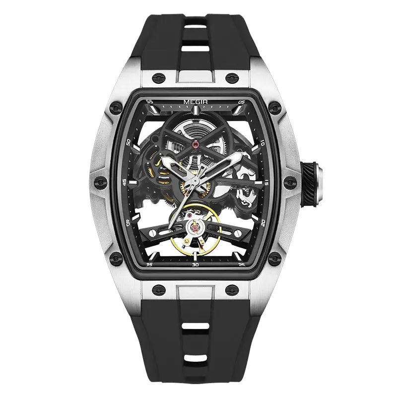 MEGIR Automatic Wristwatch Men Fashion Black Silicone Strap Wateproof Luminous Sport Mechanical Watch with Tonneau Dial 2242