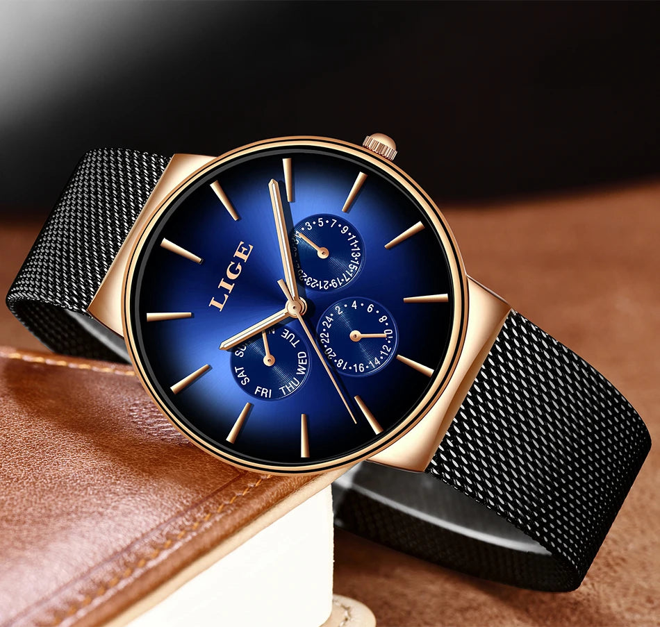 LIGE women’s watch, elegant and on-trend – sporty-casual style, mesh strap, quartz movement, date and day display, water-resistant.