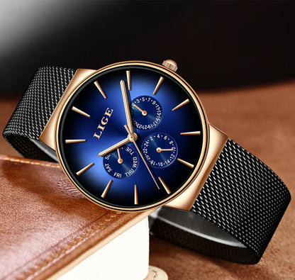 LIGE women’s watch, elegant and on-trend – sporty-casual style, mesh strap, quartz movement, date and day display, water-resistant.