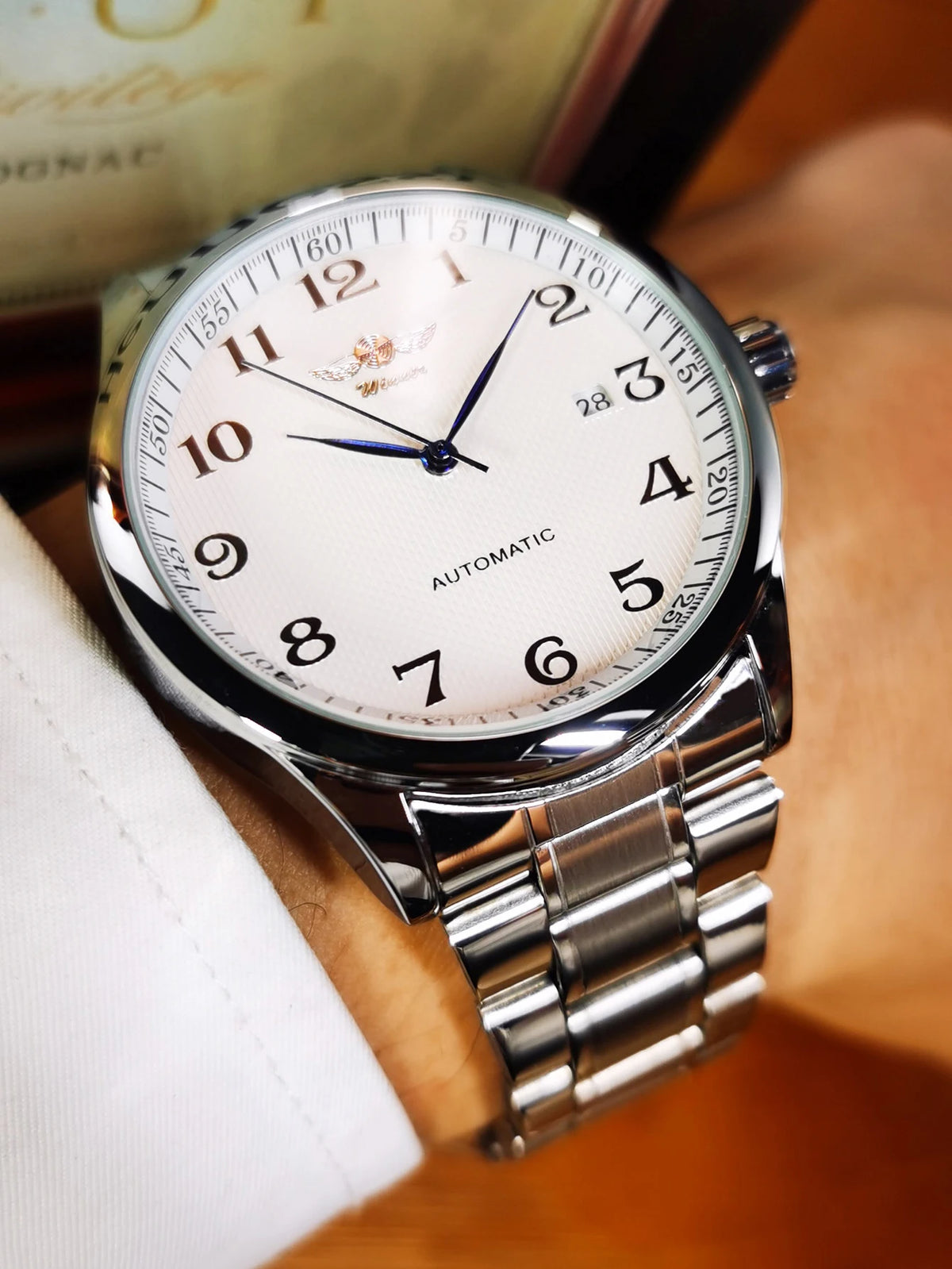 Reloj para hombre WINNER – Estilo clásico, retro y elegante – Reloj mecánico automático con calendario – Marca de lujo, caja de acero y correa de piel