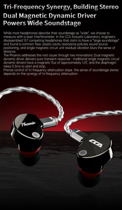 CCA Phoenix Metal Alloy Body 10mm Dual Magnetic Dynamic Coil HIFI Sound Quality In Ear Wired Esports Music Earphones