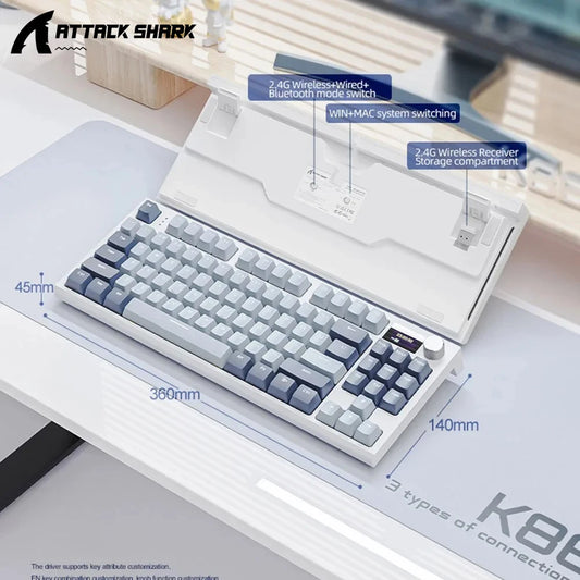 Attack Shark K86 Wireless Mechanical Keyboard, TFT Display, Metal Knob, RGB Backlit, Hot-Swappable, Bluetooth for Gaming & Office