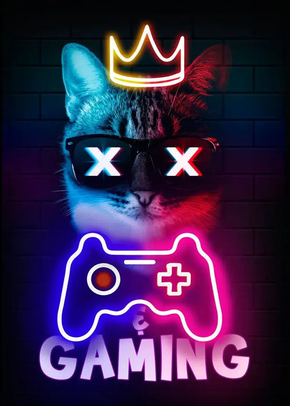 Nordic Cat and Gaming Controller Quotes Poster Modern Canvas Painting for Wall Art Mural Gamer Boys Girls Room Decor (not Neon)