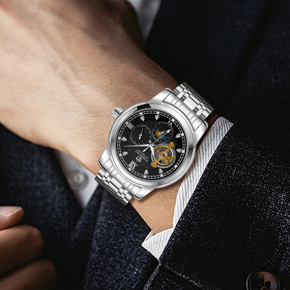 Forsining men’s automatic mechanical watch – Luxury, business and fashion style, metal bracelet, tourbillon, luminescent hands, set with synthetic diamonds